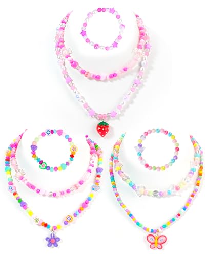 PinkSheep Kids Beaded Necklace And Bracelet 3 Sets, Little Girls Jewelry In Box, Favors Bags For Kids