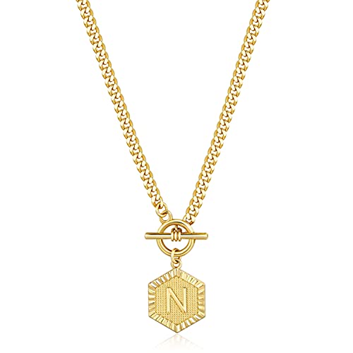 Gold Initial Letter Pendant Necklace 14K Gold Plated Cuban Link Chain Toggle Clasp Hexagon Monogram Engraved Alphabet Necklaces Personalized Charm Jewelry Gift for Women Girls 20'' N