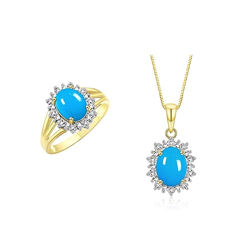 Rylos Women's Yellow Gold Plated Silver Princess Diana Ring & Pendant Set. Gemstone & Diamonds, 9X7MMTurquoise December Birthstone. 2 PC Perfectly Matched Jewelry.