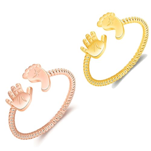 For Mother -You are Going To Make a Wonderful Mama Baby Palm and Feet Ring, Adjustable Open Gold Baby Foot and Hand Rings, Statement Mothers Rings for Women Girls (2pcs)