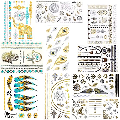 hirsrian 10 Metallic Temporary Tattoos, Festival Waterproof Tattoo Sticker Body Fake Jewelry Tattoos 200 Shimmer Designs for Adults and Kids