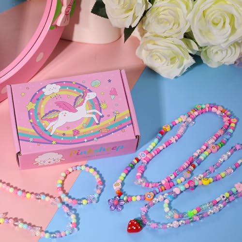 PinkSheep Kids Beaded Necklace And Bracelet 3 Sets, Little Girls Jewelry In Box, Favors Bags For Kids