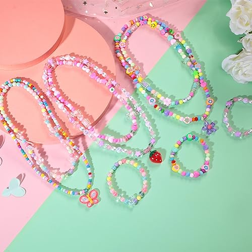 PinkSheep Kids Beaded Necklace And Bracelet 3 Sets, Little Girls Jewelry In Box, Favors Bags For Kids
