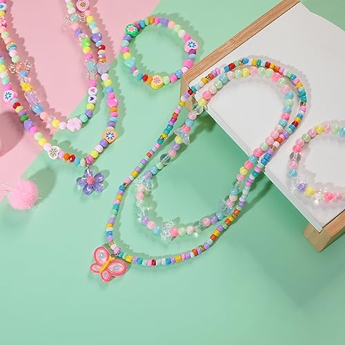 PinkSheep Kids Beaded Necklace And Bracelet 3 Sets, Little Girls Jewelry In Box, Favors Bags For Kids