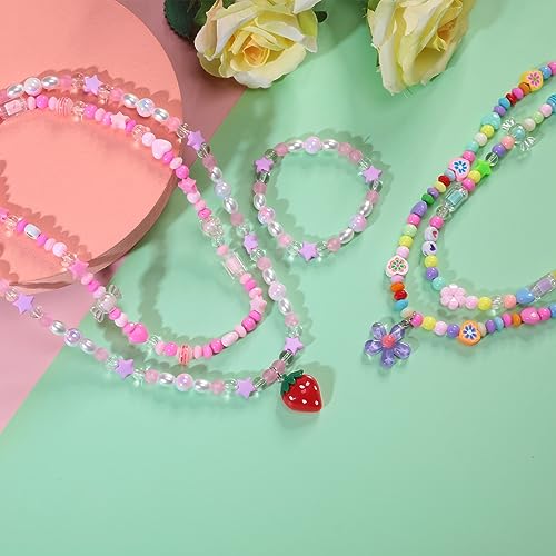 PinkSheep Kids Beaded Necklace And Bracelet 3 Sets, Little Girls Jewelry In Box, Favors Bags For Kids