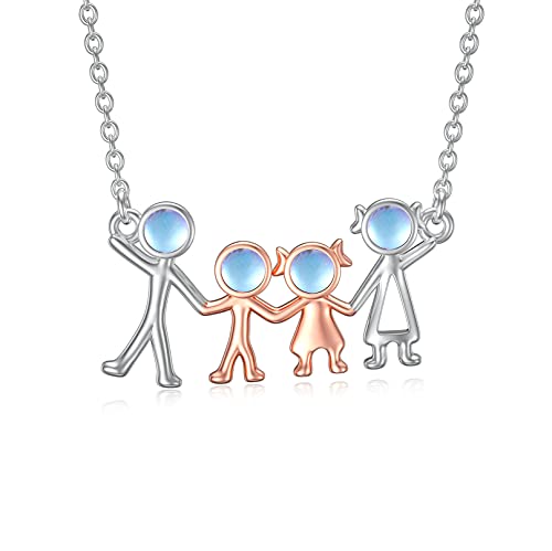 URONE Family Necklace Sterling Silver Parents and 2 Children Pendant Jewelry with Moonstone Gifts for Daughter Mother Wife