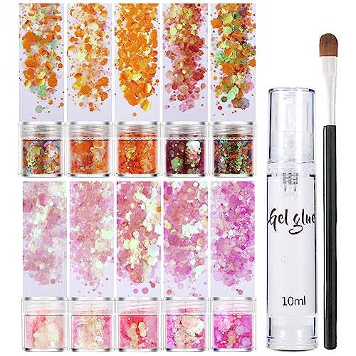 Body Glitter Cosmetic Glitter, 10 Colors Chunky Glitter, Face Glitter Festival with Glue for Body, Hair, Nails, Stage, Halloween, Party, Makeup (Includes Long Lasting Gel Glue and Brush)