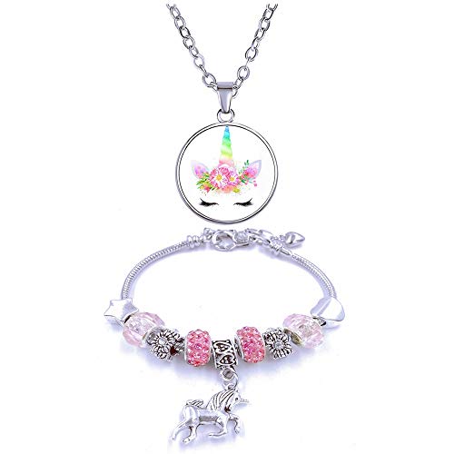 Yiran Girls Magical Unicorn Jewelry Set Sparkly Crystal Charm Rhinestones Bracelet Necklace with Gift Box Greeting Card For Girls Play Pretend Dress Up, Nice Gifts For Christmas And Birthday