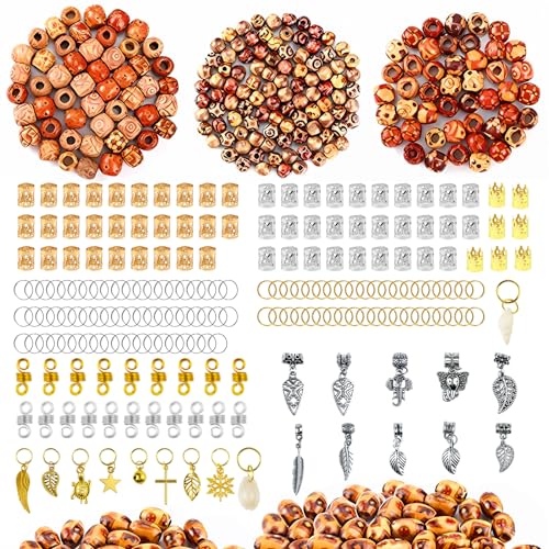 400 PCS Hair Beads for Braided, Hair Jewelry for Locs, Large Hole Barrel Wood European Loose Beads 4 Colors Natural Wooden Dreadlock Hair Braid Beads for Hair Braids Jewelry…
