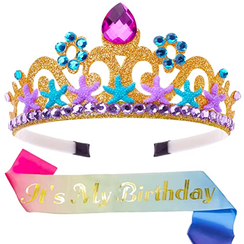 Mermaid Glitter Headband Sash Set for Girls Birthday Party Headpiece Hair Accessories for Children Girls Tiara Dress Up Party Favours (Colourful Sash)