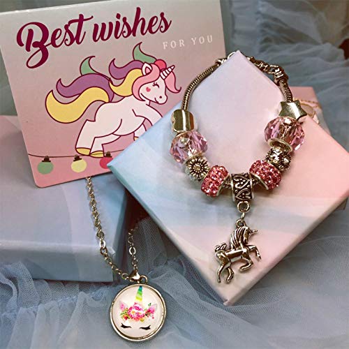 Yiran Girls Magical Unicorn Jewelry Set Sparkly Crystal Charm Rhinestones Bracelet Necklace with Gift Box Greeting Card For Girls Play Pretend Dress Up, Nice Gifts For Christmas And Birthday