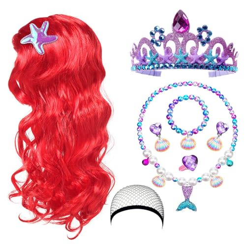 Foreverup 8Pcs Mermaid Costume Wig Set, Princess Red Long Curly Wig Hair with Mermaid Themed Jewellery Accessories Dress Up Gifts for Kids Girls Cosplay Halloween Masquerade Birthday Christmas Party