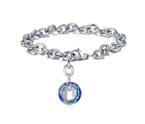 Initial Letter Birthday Number Bracelet Necklace for Girls Women, Tree of Life Charms Pendants with Swarovski Crystals 14K Gold Plated Personalized Jewellery Gifts for Daughter Wife Mom