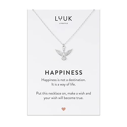 LUUK LIFESTYLE Stainless steel necklace with Eagle | Bird pendant, individually adjustable chain, woman's jewellery summer, skin-friendly and durable, everyday wear, HAPPINESS card, lucky gift, silver