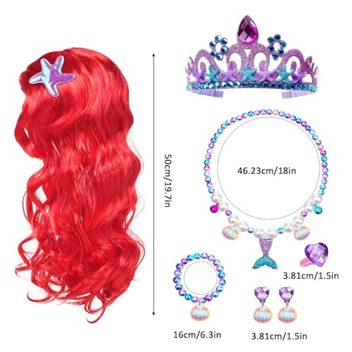 Foreverup 8Pcs Mermaid Costume Wig Set, Princess Red Long Curly Wig Hair with Mermaid Themed Jewellery Accessories Dress Up Gifts for Kids Girls Cosplay Halloween Masquerade Birthday Christmas Party