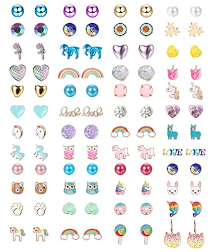 KALVICA 48 Pairs Small Stainless Steel Stud Earrings for Girls Children Cute Earrings Set Pearls Zircon Love Rainbow Stud Flower Earrings Hypoallergenic Earrings for Girls, Stainless steel