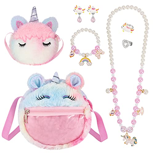Hifot Little Girls Unicorn Handbag Purse with Jewelry Set, Toddler Plush Crossbody Bags Necklace Bracelet Ring Set for Kid Birthday Gifts Princess Accessories Dress up