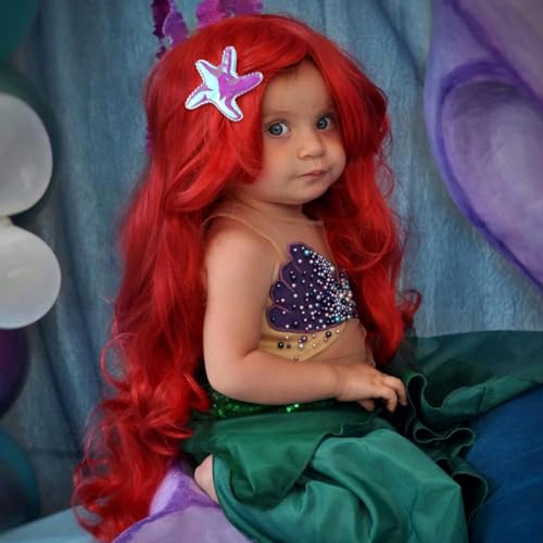 Foreverup 8Pcs Mermaid Costume Wig Set, Princess Red Long Curly Wig Hair with Mermaid Themed Jewellery Accessories Dress Up Gifts for Kids Girls Cosplay Halloween Masquerade Birthday Christmas Party