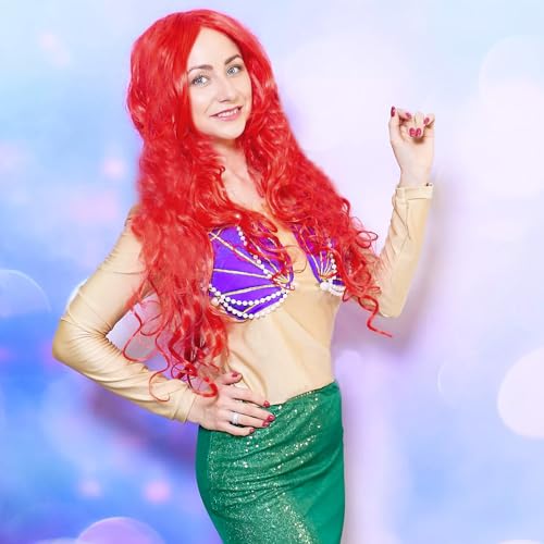 Foreverup 8Pcs Mermaid Costume Wig Set, Princess Red Long Curly Wig Hair with Mermaid Themed Jewellery Accessories Dress Up Gifts for Kids Girls Cosplay Halloween Masquerade Birthday Christmas Party