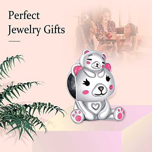 LaMenars Mammy and Baby Bear Charm 925 Sterling Silver Beads for Bracelets, Halloween Birthday Jewelry Gifts Women Girls