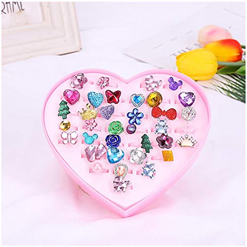 Amaoma Kids Rings for Girls Plastic Girls Crystal Rings Girls Rings for Kids Adjustable Princess Dress up Play Jewelry Rings Toys for Children Birthday Party Supplies with Heart Shaped Pink Box 36 Pcs