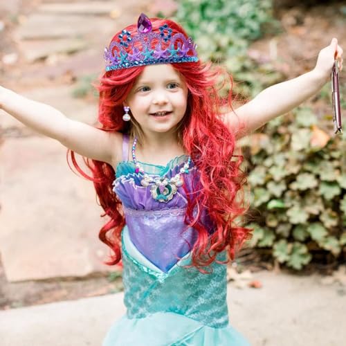 Foreverup 8Pcs Mermaid Costume Wig Set, Princess Red Long Curly Wig Hair with Mermaid Themed Jewellery Accessories Dress Up Gifts for Kids Girls Cosplay Halloween Masquerade Birthday Christmas Party