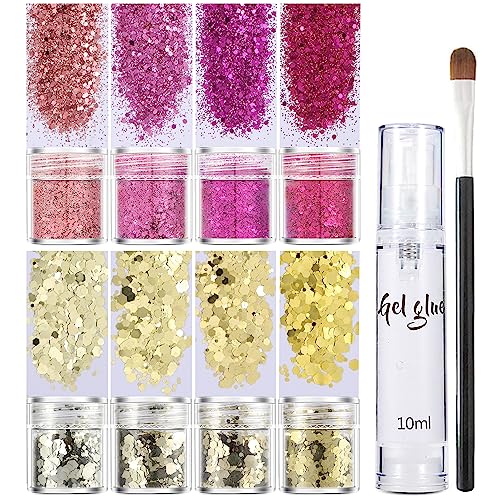 Body Glitter Cosmetic Glitter, 8 Color Chunky Glitter, Face Glitter Festival with Glue for Body, Cheeks, Hair, Festival, Stage, Halloween, Party, Makeup - Includes Gel Glue and Brush