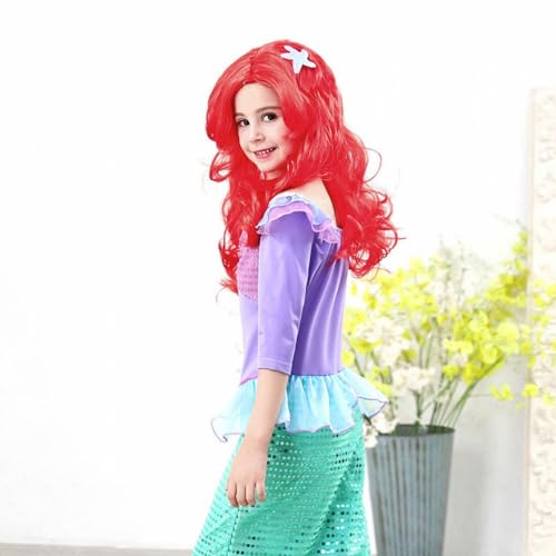 Foreverup 8Pcs Mermaid Costume Wig Set, Princess Red Long Curly Wig Hair with Mermaid Themed Jewellery Accessories Dress Up Gifts for Kids Girls Cosplay Halloween Masquerade Birthday Christmas Party