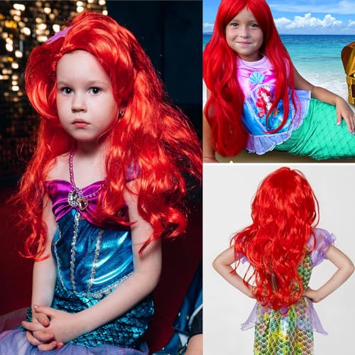 Foreverup 8Pcs Mermaid Costume Wig Set, Princess Red Long Curly Wig Hair with Mermaid Themed Jewellery Accessories Dress Up Gifts for Kids Girls Cosplay Halloween Masquerade Birthday Christmas Party