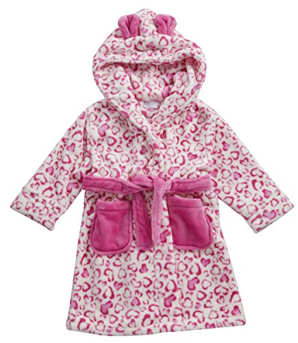 Minikidz Girls Childrens Kids Robe Dressing Gown Leopard Hearts Flannel Fleece Pink