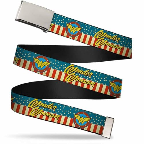 Buckle-Down Unisex-Adult's Web Belt 1.5", Wonder Woman/Logo Americana Red/White/Blue/Yellow, Wide/Fits up to 42" Pant Size