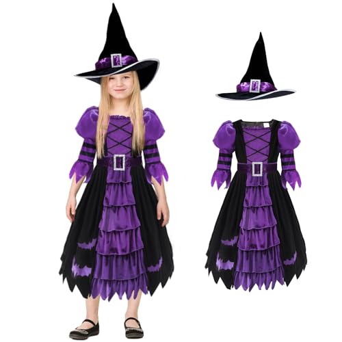 Witch Costume Kids, Girls Witch Costume Witch Dress, Light Up Witch Costume, World Book Day Costume Cosplay Costume Witch Outfit with Witch Hat, Fancy Dress Magic Purple Witch Set for Girls