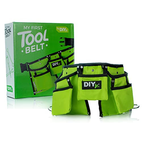 My First Tool Belt Green by DIYjr - Real Tool Belt for Kids Sturdy Tool Apron for Children Construction Childs Toolbelt Adjustable Boys and Girls Junior Carpenter Set