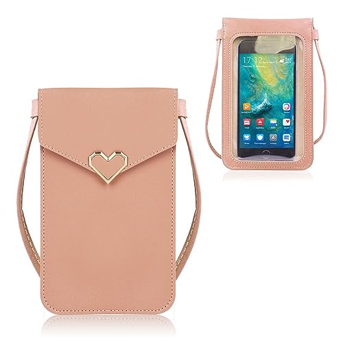 Elkflee PU Leather Phone Bag, Ladies Mobile Phone Crossbody Purse 2 Layer Card Slots Small Clutch Cellphone Wallet Pouch with Long Shoulder Strap Card Holder Handbag for Women Girls, Pink (12 x 19cm)