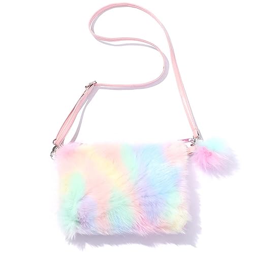 Plush Handbags Kids Rainbow Plush Crossbody Shoulder Girls Adjustable Crossbody Bags Small Plush Bag Cell Phone Pouch Jewelry Bag for Kids Girls Women