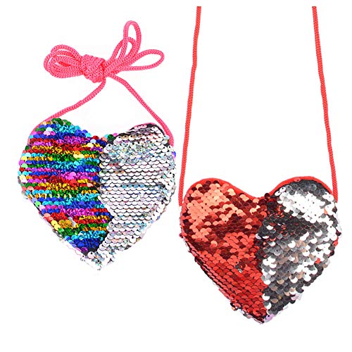 2 PCS Shiny Sequins Heart-Shaped Princess Mini Bags, Cute Little Girls' Shoulder Bag Handbag Purse, Cross Body Messenger Bag (Red + Colorful)