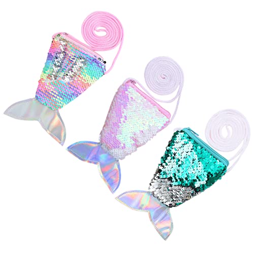 Mini Children's Coin Purse 3 Pieces Mermaid Tail Sequins Zipper Wallet Pouch with Strap Crossbody Shoulder Bag for Kids Little Girls
