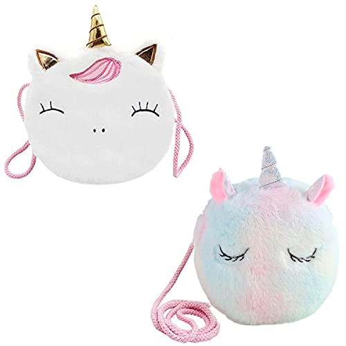 Furry Unicorn Shoulder Bag Girls, Cute Round Rainbow/White Handbags Wallet Bag Crossbody Purse for Keys Cards Fluffy Unicorn Bag Adorable Princess Gift for Toddler Kids Teens Girls 2PCS