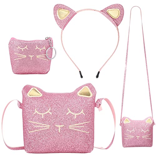 3 Pieces Cat Shoulder Bag Purses Headband for Girls, Cute Hand Bags Cat Handbag with Mini Coin Purse Cat Headband for Little Girl Birthday Children's Day (Glitter Pink)