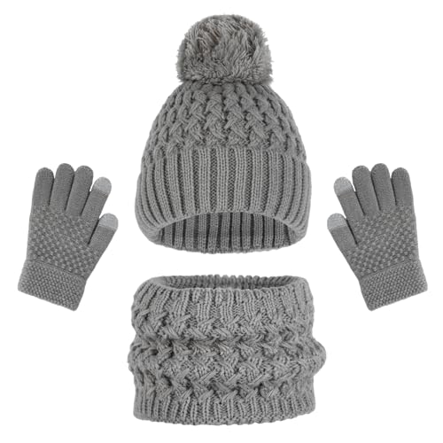 3 Pieces Kids Winter Hat Gloves Scarf Set, Kids Knit Thick Scarf Warm Knitted Beanie Hat Scarf Set Thermal Soft Thick Scarf Hat Snow Gloves Set for Girls Boys Children 1-6 Year Old (Grey)