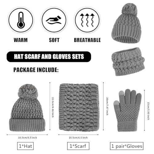 3 Pieces Kids Winter Hat Gloves Scarf Set, Kids Knit Thick Scarf Warm Knitted Beanie Hat Scarf Set Thermal Soft Thick Scarf Hat Snow Gloves Set for Girls Boys Children 1-6 Year Old (Grey)