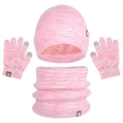 3 Pieces Kids Hat Scarf Gloves Set Thermal Knitted Hat Scarf and Gloves Set Kids with Double Layer Fleece Lining Two Fingers Touch Screen Gloves Set for Children Outdoor Boy Girl (Pink)