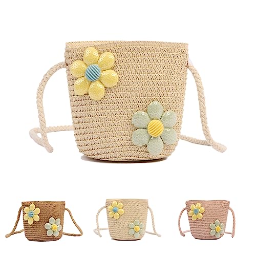 Apradas Girl Shoulder Bag Mini Straw Shoulder Bag,Straw Crossbody Bags Children Straw Shoulder Bag Braided Bag Cute Floral Bags for Girls Holiday Outdoor Activities Travel