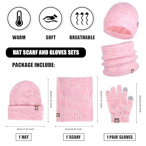 3 Pieces Kids Hat Scarf Gloves Set Thermal Knitted Hat Scarf and Gloves Set Kids with Double Layer Fleece Lining Two Fingers Touch Screen Gloves Set for Children Outdoor Boy Girl (Pink)