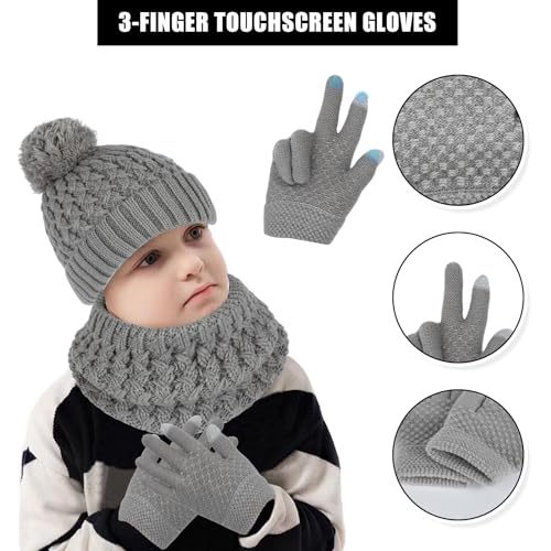 3 Pieces Kids Winter Hat Gloves Scarf Set, Kids Knit Thick Scarf Warm Knitted Beanie Hat Scarf Set Thermal Soft Thick Scarf Hat Snow Gloves Set for Girls Boys Children 1-6 Year Old (Grey)