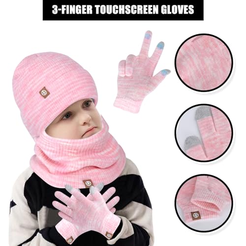 3 Pieces Kids Hat Scarf Gloves Set Thermal Knitted Hat Scarf and Gloves Set Kids with Double Layer Fleece Lining Two Fingers Touch Screen Gloves Set for Children Outdoor Boy Girl (Pink)