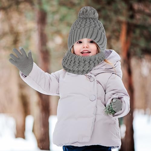 3 Pieces Kids Winter Hat Gloves Scarf Set, Kids Knit Thick Scarf Warm Knitted Beanie Hat Scarf Set Thermal Soft Thick Scarf Hat Snow Gloves Set for Girls Boys Children 1-6 Year Old (Grey)