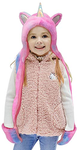 Girls Unicorn Hat, Plush Winter Hat for Kids Soft Plush Hat and Gloves(Pink and Sky Blue, One Size)