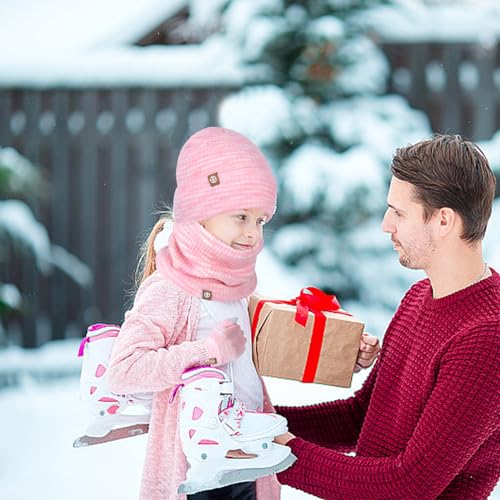 3 Pieces Kids Hat Scarf Gloves Set Thermal Knitted Hat Scarf and Gloves Set Kids with Double Layer Fleece Lining Two Fingers Touch Screen Gloves Set for Children Outdoor Boy Girl (Pink)