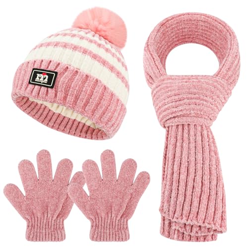 QKURT Children Beanie Hat Scarf Glove Set, Kids Winter Warm Knitted Set Stripe Thermal Cap with Pom Hairball Neck Warmer Gloves Soft Hat Scarf Mitten for 5-12 Years Old